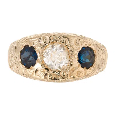 Pre-owned 1stdibs Egl Certified 1.00 Carat Diamond Sapphire Three-stone Yellow Gold Ring