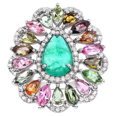 Pre-owned 1stdibs Emerald Ring With Multicolor Tourmaline 7.08 Carats Sterling Silver In Green