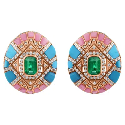 Pre-owned 1stdibs Emerald Turquoise Pink Opal Diamond Halo Stud Earrings Handmade 18k Rose Gold In Red