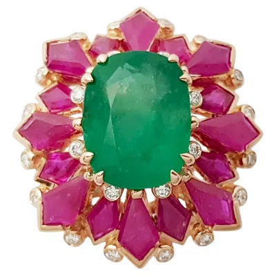 Pre-owned 1stdibs Emerald With Ruby And Diamond Ring Set In 18k Rose Gold Settings In Red