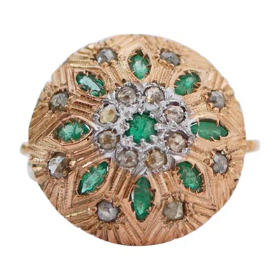 Pre-owned 1stdibs Emeralds, Diamonds, Rose Gold And Silver Ring. In Red