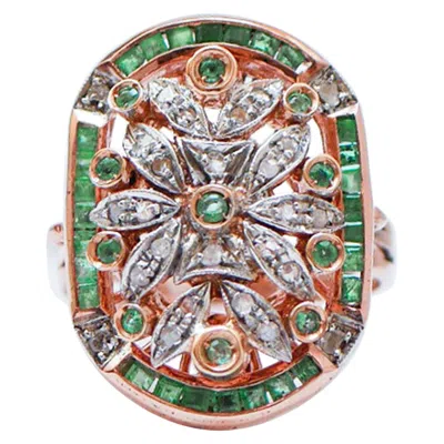 Pre-owned 1stdibs Emeralds, Diamonds, Rose Gold And Silver Ring. In Red