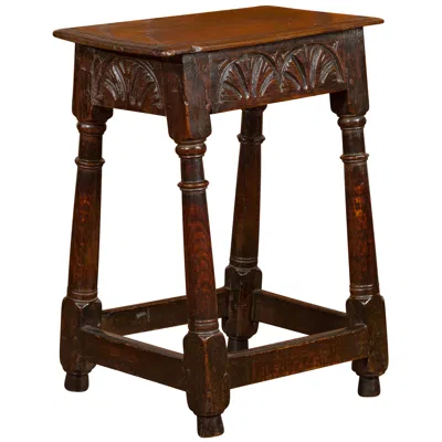 Pre-owned 1stdibs English 1880s Oak Joint Stool With Carved Apron And Turned Splaying Legs In Brown