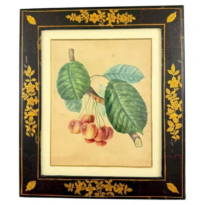 Pre-owned 1stdibs English Regency Period Watercolored Cherry Print In Hand Painted Lacquered Frame In Sand
