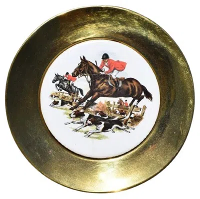 Pre-owned 1stdibs English Traditional Framed Ceramic And Brass Decorative Horse Plate Or Catchall In Brown