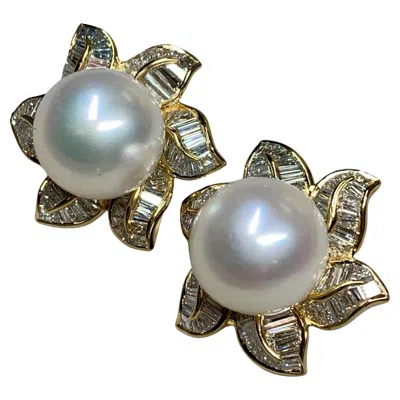 Pre-owned 1stdibs Estate 18k Baguette Diamond South Sea Pearl Floral Huggie Earrings 9ctw 14.75mm In Multi