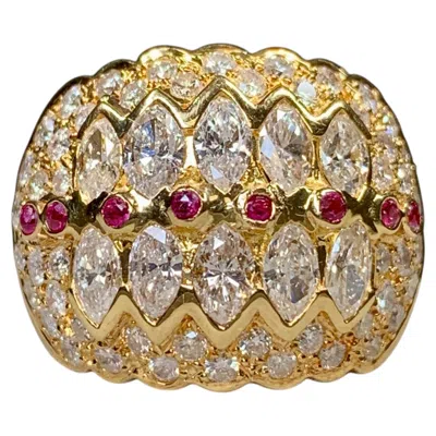 Pre-owned 1stdibs Estate 18k Marquise Pavé Round Diamond & Ruby Wide Dome Cocktail Ring In Multi