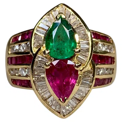 Pre-owned 1stdibs Estate 18k Pear Shape Emerald & Ruby Baguette Diamond Cocktail Ring 6.20ctw In Green