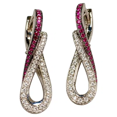 Pre-owned 1stdibs Estate 18k White Gold Ruby & Diamond Twist Dangle Infinity Drop Earrings