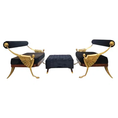 Pre-owned 1stdibs Exceptional Pair Of Egyptian Revival Bronze & Velvet Lounge Chairs In Gold