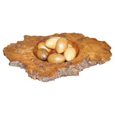 Pre-owned 1stdibs Exquisite Decorative Signed Burr Elm Wooden Fruit Bowl With Turned Wood Fruit In Brown
