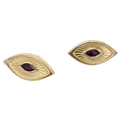 Pre-owned 1stdibs Eye Shape Victorian Sigh 18k Gold Garnet Diamond Symbolist Earrings In Multi