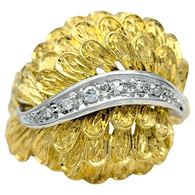 Pre-owned 1stdibs Feather Motif Domed Cocktail Ring With Diamonds 18 Karat Yellow & White Gold