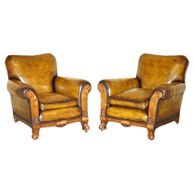 Pre-owned 1stdibs Fine & Important Pair Of Antique Hand Carved Burr Walnut Brown Leather Armchairs