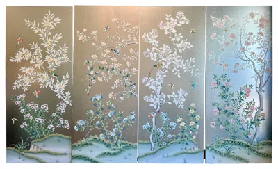 Pre-owned 1stdibs Four C.1 980's Gracie Handpainted Wallpaper Panels, On Silver, Mounted On Boards In Gray