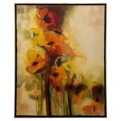 Pre-owned 1stdibs Framed Abstract Giclée Canvas – Colorful Poppies, Signed Art In Brown