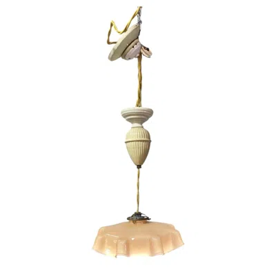 Pre-owned 1stdibs French 1930's Glass And Ceramic Adjustable Pulley Ceiling Lamp In Sand