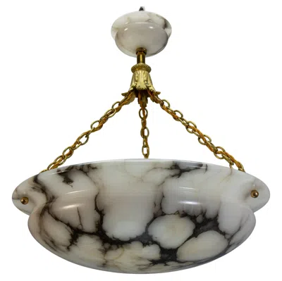 Pre-owned 1stdibs French Art Deco Black Veined Alabaster And Bronze Pendant Light, 1920