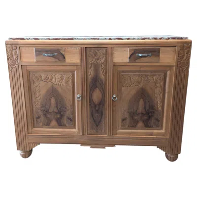 Pre-owned 1stdibs French Art Deco Buffet, Carved Walnut, Bordeaux Marble Top, 1930s In Brown