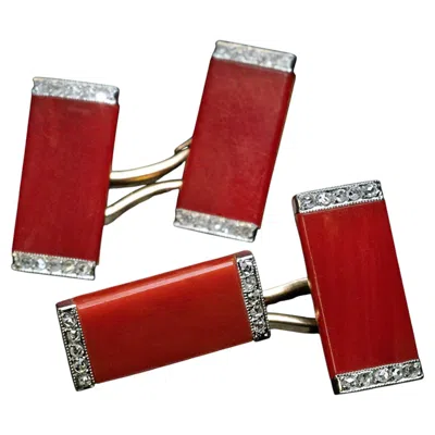 Pre-owned 1stdibs French Art Deco Coral And Diamond Double Cufflinks Ref: 798412 In Red