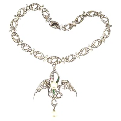 Pre-owned 1stdibs French Art Nouveau Silver Paste And Faux Pearl Winged Serpent Necklace In Multi