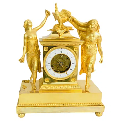 Pre-owned 1stdibs French Empire Skeleton Clock, Fire-gilded, Engraved Bronze With Calendar Display In Gold