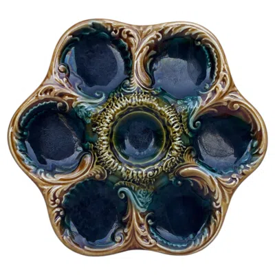 Pre-owned 1stdibs French Green Majolica Oyster Plate, Circa 1900