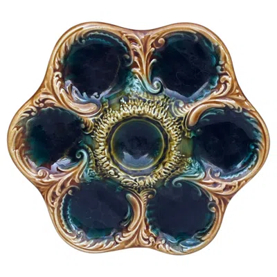 Pre-owned 1stdibs French Green Majolica Oyster Plate, Circa 1900