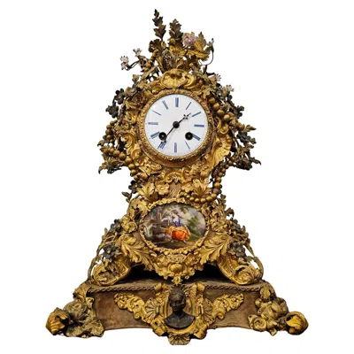 Pre-owned 1stdibs French Louis Xv Style Porcelain Gilt Mixed Metal Mantel Clock In Brown