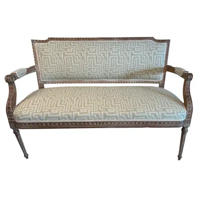 Pre-owned 1stdibs French Louis Xvi Style Carved Naturalsettee With Geometric Cut Linen In Sand