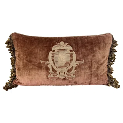 Pre-owned 1stdibs French Neoclassical-style Embroidered Monogram Velvet Lumbar Pillow In Brown