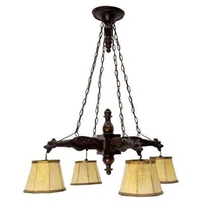 Pre-owned 1stdibs French Wood Lamp Four Gothic Gargouille Art Nouveau Style Pendant Lustre C. 1920 In Brown