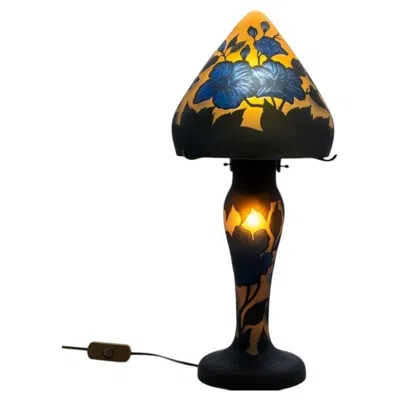 Pre-owned 1stdibs Gallé Style Table Lamp Mushroom Hibiscus Yellow Blue, France