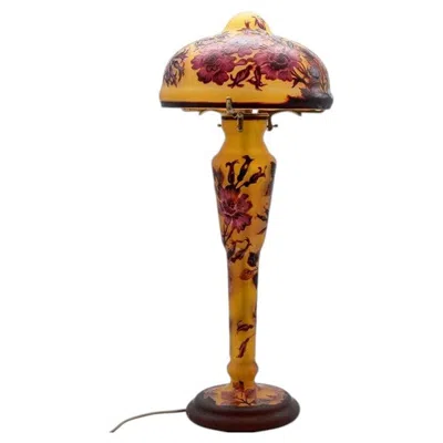 Pre-owned 1stdibs Gallé Style Table Lamp Mushroom Yellow Red Flowers, France