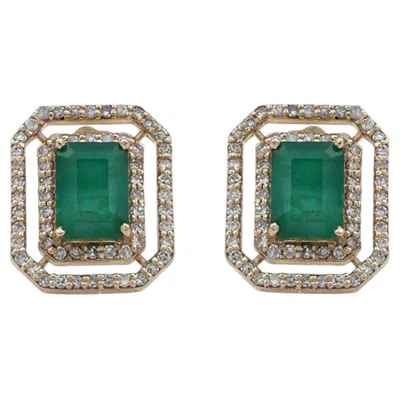 Pre-owned 1stdibs Genuine Diamond Solid 14k Yellow Gold Natural Emerald Gemstone Studs Earrings