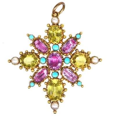 Pre-owned 1stdibs Georgian 15ct Gold Pink Topaz, Chrysoberyl, Pearl & Turquoise Pendant