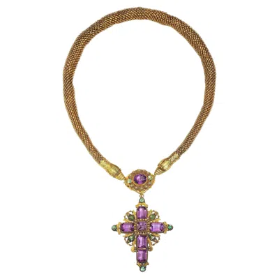 Pre-owned 1stdibs Georgian Cannetille Gold Snake Necklace With Amethyst And Emerald Cross Pendant In Purple
