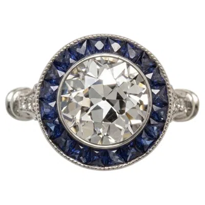 Pre-owned 1stdibs Gia Certified 2 Carat Old European Cut Diamond Sapphire Art Deco Style Ring In Blue