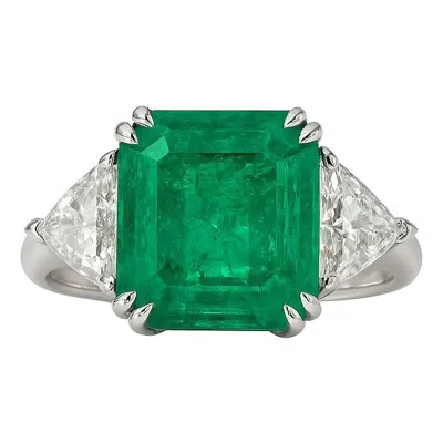 Pre-owned 1stdibs Gia Certified 4.77 Carat Colombian Emerald And 1.52 Carat Trilliant Diamond Plat In Green