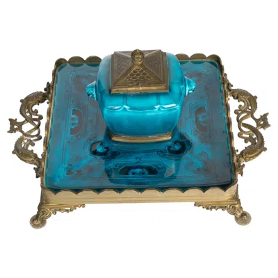 Pre-owned 1stdibs Gilded Bronze And Turquoise Enameled Earthenware Inkstand By Theodore Deck. In Gold
