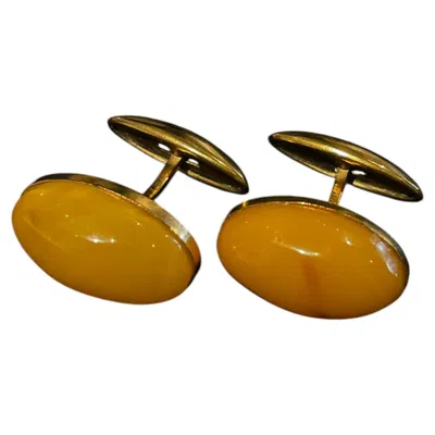 Pre-owned 1stdibs Gold Cufflinks With Honey Amber Cabochons, Mid-20th Century In Brown