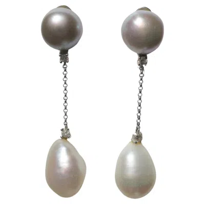 Pre-owned 1stdibs Gray And White Freshwater Pearl Diamond Dangle Earrings In 18k Gold Italian