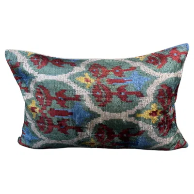 Pre-owned 1stdibs Green And Red Velvet Silk Ikat Pillow Cover