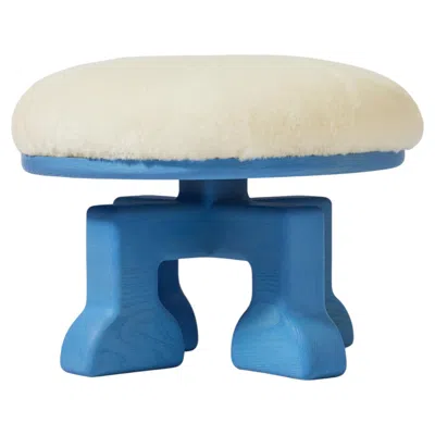 Pre-owned 1stdibs Handcrafted Ash Stool W/ Shearling (white) Seat, The Muffin Man (light Blue)