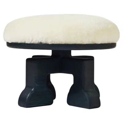 Pre-owned 1stdibs Handcrafted Ash Stool W/ Shearling (white) Seat, The Muffin Man (midnight Green) In Brown