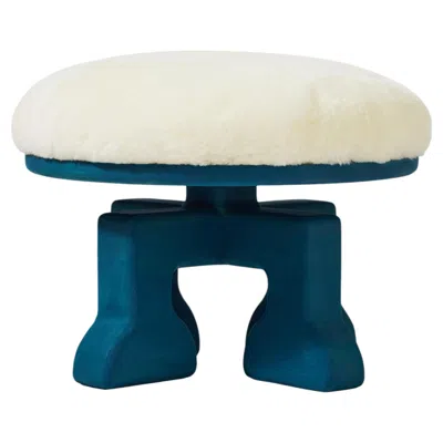 Pre-owned 1stdibs Handcrafted Ash Stool W/ Shearling (white) Seat, The Muffin Man (peacock Blue) In Brown