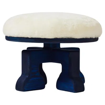 Pre-owned 1stdibs Handcrafted Ash Wood Footstool W/ Shearling (white) Seat, The Muffin Man (navy) In Brown
