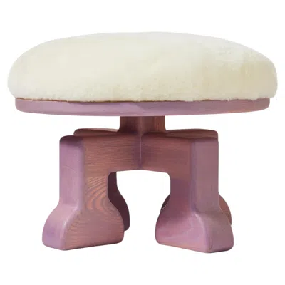 Pre-owned 1stdibs Handcrafted Ash Wood Stool (light Mulberry) With Plush Shearling (white) Seat In Purple