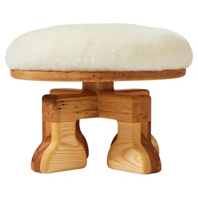 Pre-owned 1stdibs Handcrafted Ash Wood Stool (natural Ash) With Plush Shearling (white) Seat In Brown