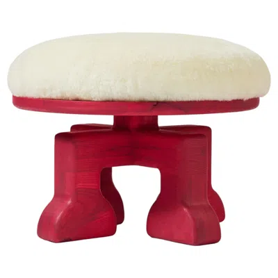 Pre-owned 1stdibs Handcrafted Ash Wood Stool (raspberry Pink) With Shearling (white) Seat